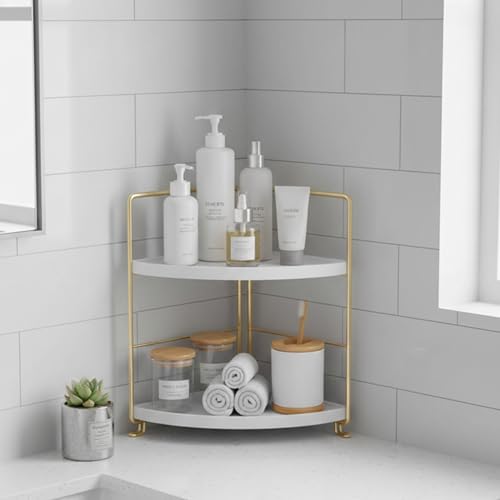 Image of oddpod 2-Tier Corner Storage Rack Bathroom Countertop Organizer /Stackable Standing Makeup Storage Holder, Vanity Tray, Cosmetic & Spice Rack Shelf Cabinet for Kitchen and Bathroom (Gold)