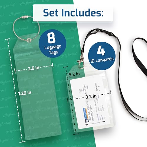 Image of Highwind 8 Pack Luggage Tags for Suitcases + 4 ID - Waterproof Cruise Essentials with Steel Loops - 2.5 x 7.25 Inch Durable Travel Tags for Quick ID - Fits Royal Caribbean, Carnival - Narrow