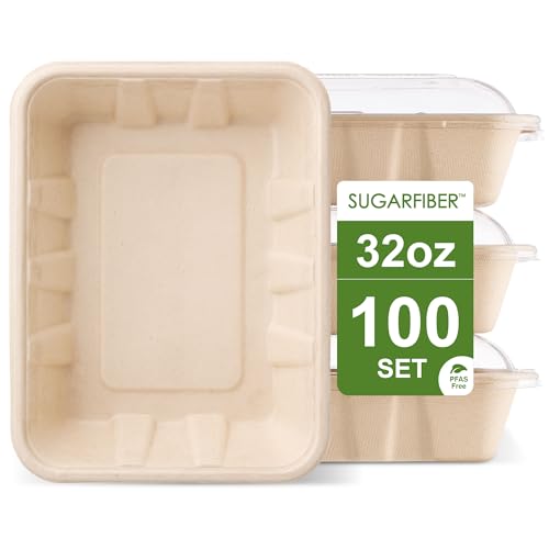 [100 SET]Harvest Pack 32 oz PFAS FREE Disposable Food Trays with Dome Lids, Compostable Food Container Bagasse Serving Trays, Rectangle, Made from Sugarcane Eco-Friendly Plant Fibers