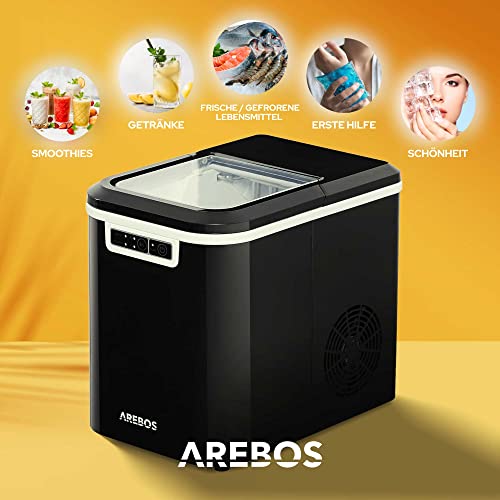 Arebos Eiswürfelmaschine | Ice Cube Maker | 12 kg / 24 h | 10-15 Minuten Produktionszeit | 2 Eiswürfel-Größen | 2,2 Liter Wassertank | Eiswürfelbereiter | Leise | Selbstreinigungsfunktion | Schwarz – Bild 7