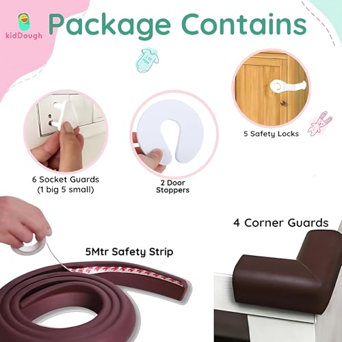 Image of KidDough Baby Safety Proofing Kit - Furniture Edge Protector, Safety Locks, Corner Guards for Sharp Edges, Socket Guards and More, All-in-One Baby Proofing Products (5 mtr Brown Edge Protector Kit)
