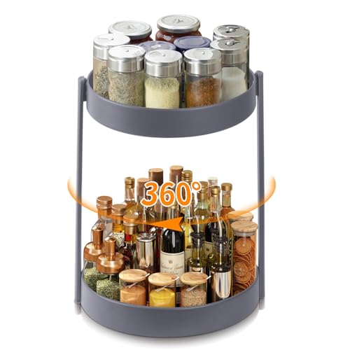 PURASKER Rotating Spice Rack，Lazy Susan Cupboard Organiser Turntable 2 Round Spice Racks 360° Rotatable Kitchen Bathroom Vanity Storage Carbon steel Gunmetal Grey (2 Tiers)