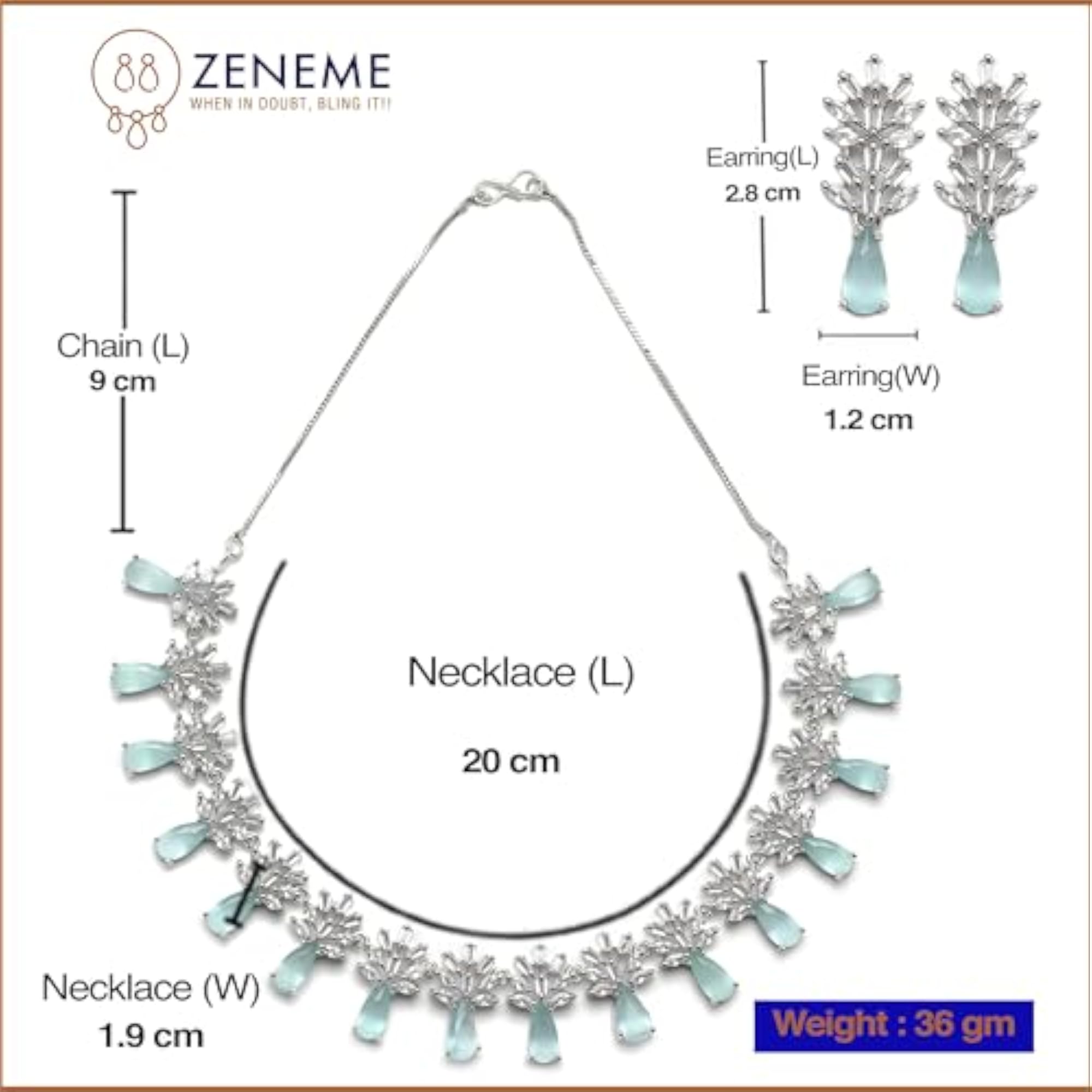 American Diamond Necklace Earrings Set, Rhodium-Plated