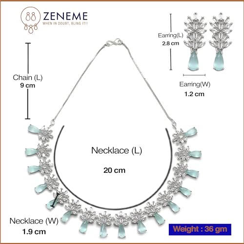 Image of ZENEME Rhodium-Plated American Diamond Necklace Set with Earrings for Girls Silver Toned Floral AD Jewellery Set For Womens