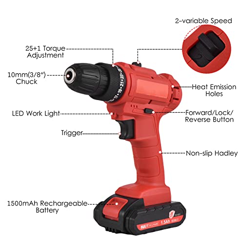 21 V tragbare Akku-Bohrmaschine 3/8-Zoll-Futter Handbohrmaschine Schraubendreher mit 1,5-Ah-Akku Schnellladegerät, LED… – Bild 3