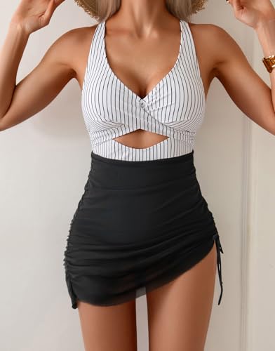 Image of B2prity Women Mesh One Piece Swimdress Swimsuit Tummy Control V Neck Cutout Bathing Suit Wrap Drawstring Sarong Swimwear
