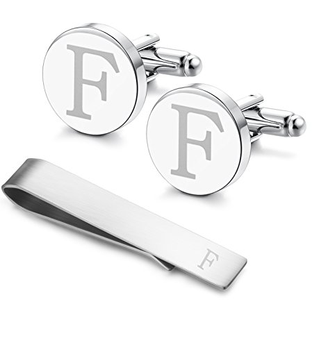 Image of LOYALLOOK Initial Cufflinks and Tie Clip Set for Men Silver Personalized Cuff links and Tie Bar Letter Alphabet A-Z Gift for Father Husband Valentine Gifts for Men