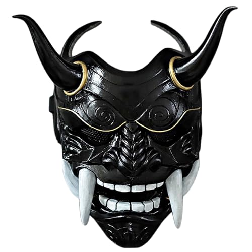 NIDONE Máscara japonesa de la máscara oni, máscara de Hannya japonesa de látex, máscara de samurai de la cara completa de miedo con colmillos y buey bocina, 11x9.5 Horror Devil Mask con banda elás