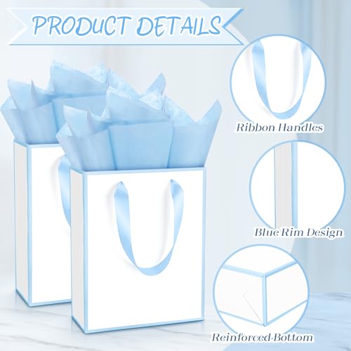 Image of Yeaqee 24 Pack Metallic Paper Gift Bags, White, Blue
