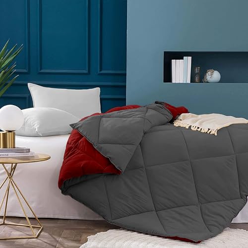 Image of Filbert 600 GSM Comforter for King Size | Super Warm Winter Quilt /Rajai | Thick Microfiber Blanket with Cloud-Soft Fill | Luxury Bedding for Winters - 92x106 Inch | Burgundy /Dark Grey