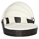 Outsunny 4pc Rattan Patio Furniture Set, Round Convertible Daybed or Sunbed, Adjustable Sun Canopy, Sectional Outdoor Sofa, 2 Chairs, Table, 3 Pillows, PE Plastic Wicker, Beige