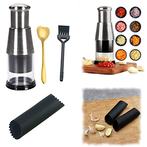 Yestrong Picador de ajo prensado, picador de ajo prensado manual multifuncional, trituradora de ajo manual multifuncional de cebolla trituradora de ajo de acero inoxidable 304 (1 unidad)