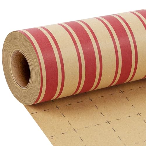 LaRibbons Kraft Christmas Wrapping Paper, Red Candy Cane Stripe Design