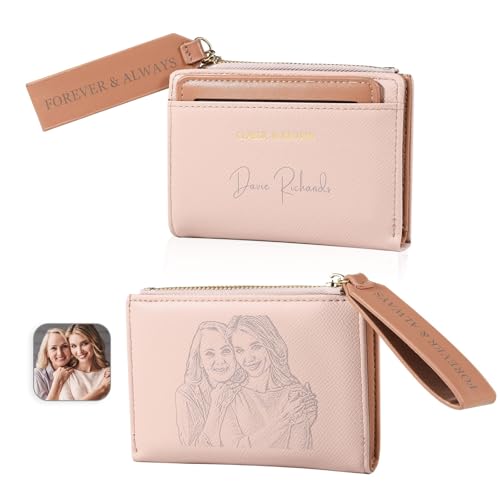 Personalized Womens Wallets with Photo Name Ladies Wallet: Custom Wallet for Women - Leather Minimalist Womens Wallet Birthday Christmas Valentines Gift (Style A, Pink)