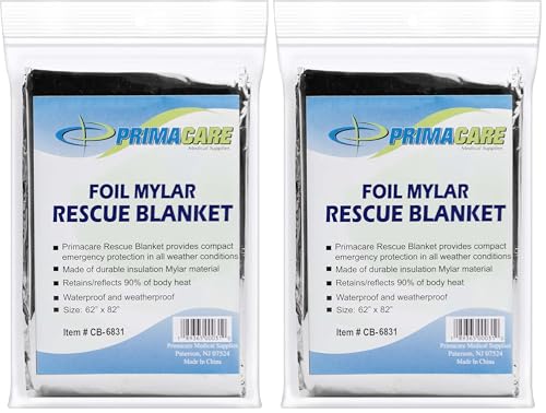Image of Primacare CB-6831 Emergency Mylar Thermal Foil Blanket, Lightweight and Durable Insulation Mylar Material, Perfect for Outdoors, Hiking, Survival, First Aid, 62 inch x 82 inch (Pack of 2)
