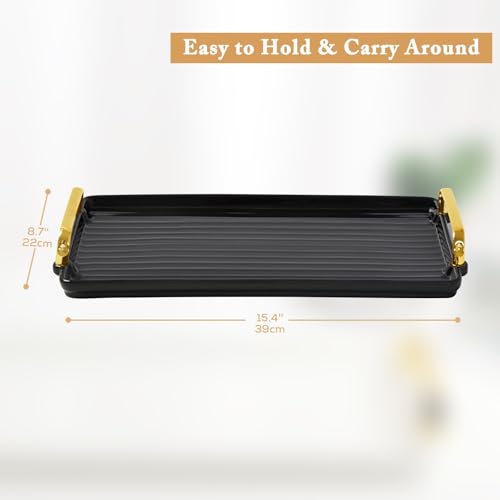 DUJUST Porcelain Serving Tray with Golden Handles, Modern Nordic Style Coffee Table Tray, Beautiful Tea Trays Decor for Living Room, Easy to Use & Clean - Black by DUJUST - Image 2