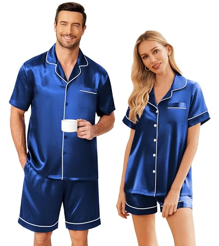 Ekouaer Satin Matching Pajamas Sets Couple Silk Button Down Sleepwear Women & Men Short Sleeve Pjs Lounge Set Royal Blue,M
