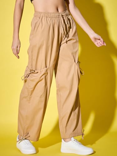 Image of DIMPY GARMENTS Solid Cotton Blend Women's Cargo Pants | Adjustable Tie-Side Cargo Pockets