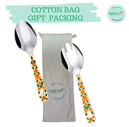Hand Painted Serving Spoon And Fork – Large Stainless Steel Salad Servers. Floral Colorful Kashmiri Art - Practical Decorative And Durable, Set Of 2 With 10 Inch Handles In Cotton Bag (Cream) #TOP6
