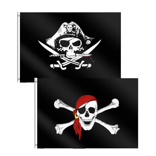 Bandiera pirata,Pirate Flag 2 PCS,Bandiera dei Pirati 60x90 cm,Bandiera pirata dei caraibi,Bandiera pirata sciarpa rossa,Bandiera del cranio,per Festa Pirata,Decorazione,Bandiera 60x90 cm