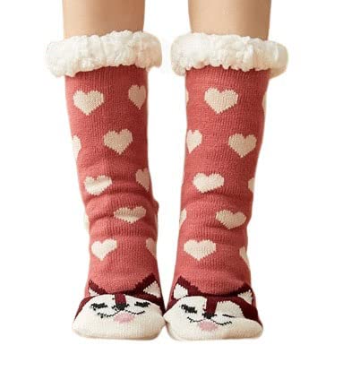 1 Pair Soft & Cozy Thermal Crew Slipper Winter Thick Warm Fleece Lined Socks (Without Thumb) for Girls/Ladies/Women (Red Orange Heart)-image-39