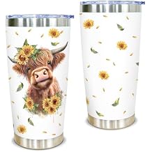Highland Cow Tumbler 20oz Stainless Steel Travel Mug with Sunflower Design Cute Cow Gifts for Women, Farm Animal Lovers, Mom, Rustic Country Farmhouse Style
