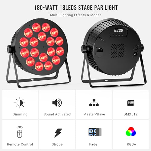 DMX LED Par Lights 2Pack - 180W RGBA 4IN1 Stage Light Master-Slave Sound Activated DJ Uplighting by Remote Control for Event Club Church Wedding Birthday Party Stage Lighting