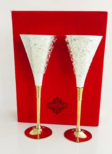 Indian Art Villa Silver Plated & Brass Champagne Engraved Wine Glass with Red Box, Best for Party, Wedding, anniversary, Gifted item, Volume- 6 Oz