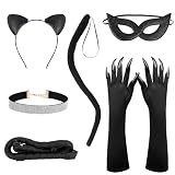 6 Pcs Halloween Cat Woman Costume Accessories, Glitter Black Cat Cosplay Costume Outfit for Women, Faux Leather Whip Cats Mask Tail Claw Gloves Necklace Hairband Set for Halloween Party Supplies