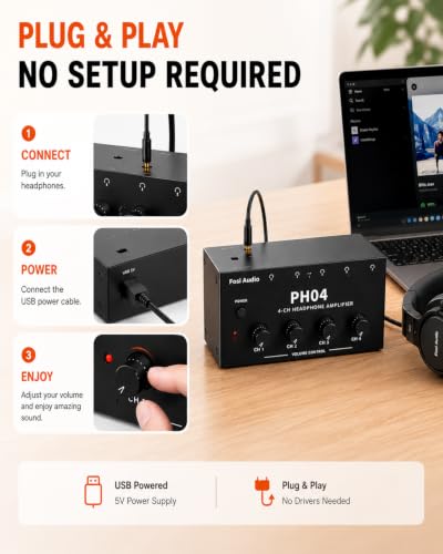 Image of Fosi Audio PH04 4 Channel Headphone Amplifier Stereo Audio Amp with 12V 1A Power Adapter Ultra-Compact Portable Headphone Splitter for Studio and Stage