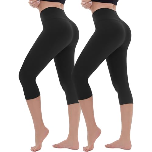AMIYOYO Cropped Leggings for Women 2 Pack High Waisted 3/4 Length Capri Leggings White Tummy Control Workout Yoga Gym Activewear