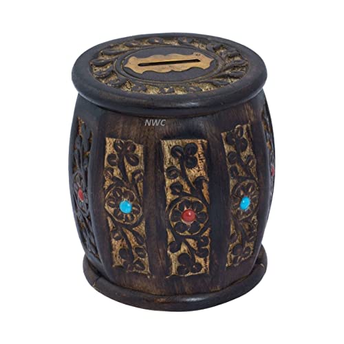 Image of Handmade Wooden Barrel Money Piggy Bank Coin Box Birthday Gifts for Kids, Boys, Girls & Adult (Wooden Money Bank Coin Storage Kids 17)