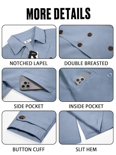 Image of Runcati Mens Trench Coat Double Breasted Notched Lapel Casual Belted Windbreaker Fall Classic Long Jacket Overcoat
