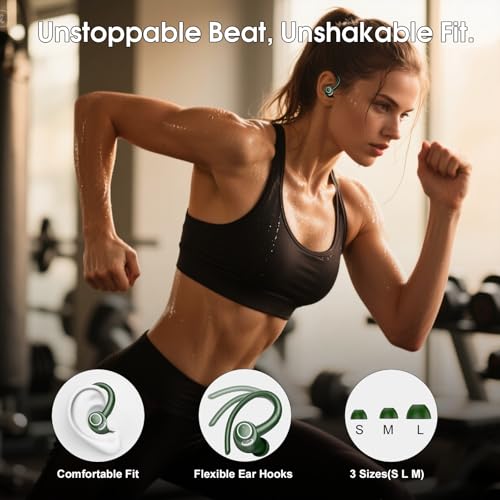 Image of Wireless Earbuds Bluetooth 5.3 Headphones Sports, 48H Earphone with ENC Mic, Stereo Deep Bass Bluetooth Earbuds with Secure Earhooks, LED Display, IPX7 Waterproof Over Ear Buds for Running /Gym Green