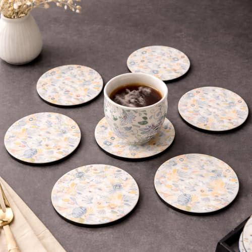 Image of Zesta Coasters for Cups Set of 6 / Wooden Coasters for Bar Accessories for Home /Tea Coaster Set of 6 / Waterproof Dining Table Decor Glass Cover (Pastel Floral, Circle)