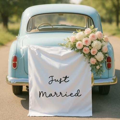 Oudain 29x39 Inch Just Married Burlap Banner Wedding Fabric Backdrop with Ribbons and Hooks Rustic Boho Photo Props Sign for Wedding Marriage Party Indoor Outdoor Wall Hanging Decoration