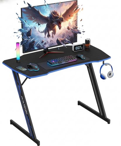 Image of 39 Inch Gaming Desk Z Shaped Computer Desk Large PC Gaming Table PVC Surface with Headphone Hook & Adjustable Feet for Teen
