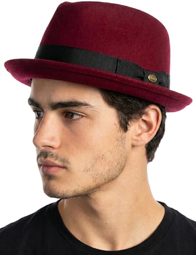 Funky Junque Porkpie Fedora Hats for Men – Classic Wool Blend Trilby Dress Hat, Short Brim Fedoras for Formal & Casual Wear - Burgundy - Small/Medium