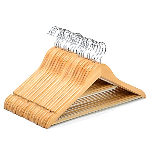 Nature Smile Wooden Suit Hangers 20 Pack Premium Solid Wood Coat Clothes Hangers With Non Slip Bar - Smooth Finish With 360° Swivel Hook And Smooth Notches For Camisole Jacket Pant Dress Natural Color #TOP27