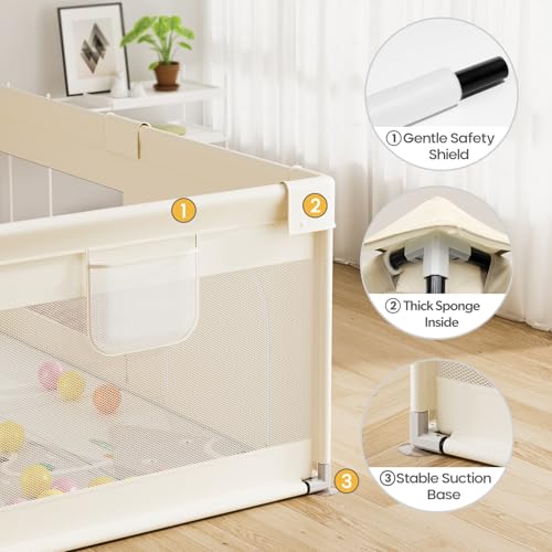 Image of Zeebaba Baby Playpen with Mat, 71x59 in Beige Indoor Play Yard