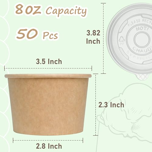 Image of ESSENTIAL Paper Ice Cream Cups with Lids, 50 Pcs 8oz Paper Snack Bowls | Disposable Dessert Bowls with Lids for Hot or Cold Food, Paper Snack Containers for Sundae, Frozen Yogurt, Soup (Brown)