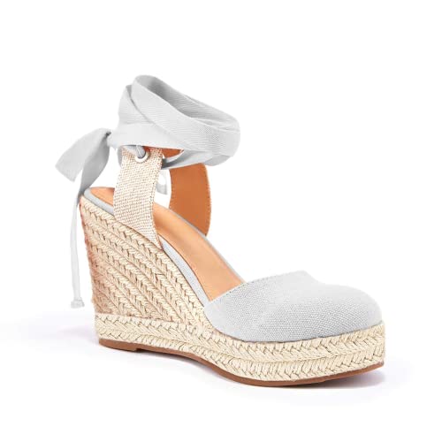 Sandália feminina espadrille cunha, bico fechado, cadarço, plataforma, envoltório no tornozelo, sapa