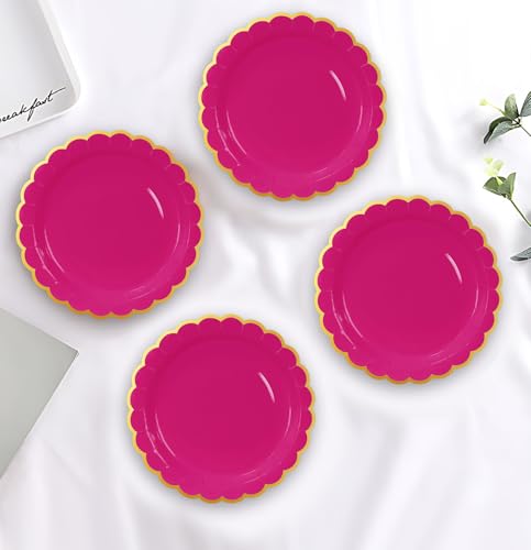 Image of HEIPINIUYE 50 Pieces Hot Pink Paper Plates with Gold Foil 7 Inch Disposable Pink Scalloped Dinner Plates for Wedding Baby Shower Birthday Party Dessert Plate