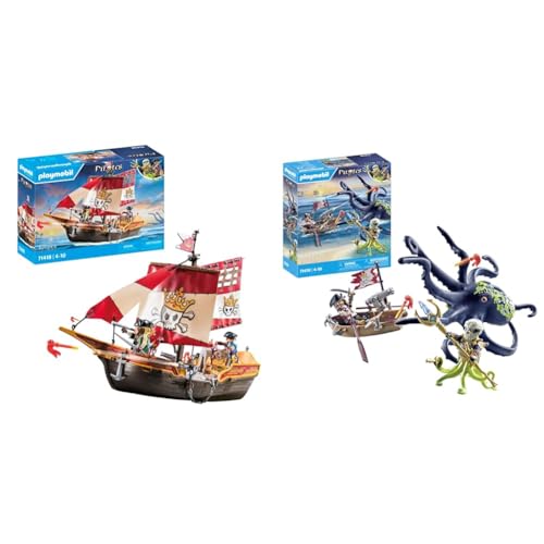 PLAYMOBIL Pirates 71418 Piratenschiff, aufregende Abenteuer auf hoher See & Pirates 71419 Kampf gegen den Riesenoktopus ab 4 Jahren