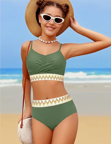 Image of Girls Swimsuit 2 Piece Teen Criss Cross Bikini Set Woven Color Block Welt Bathing Suit for Girls Swimwear 9-18T