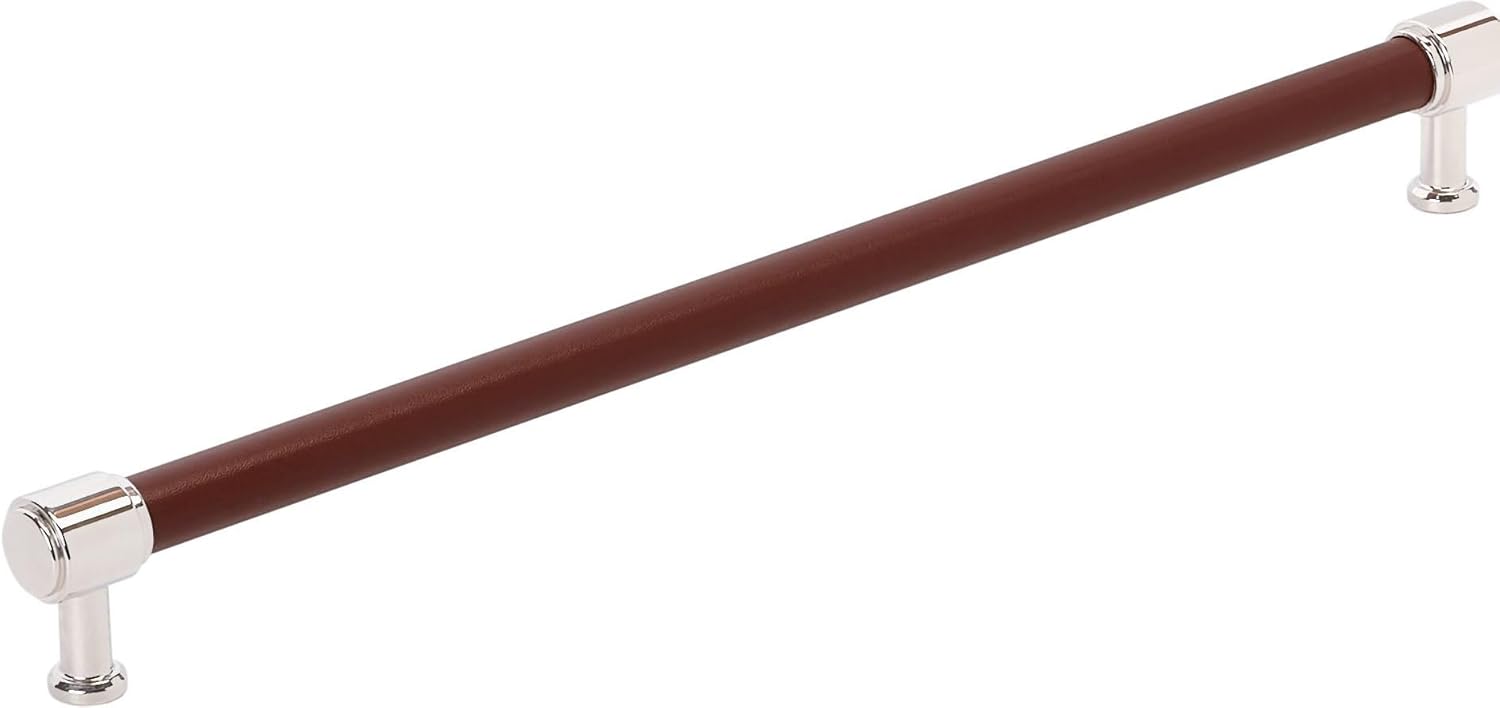 Signature Hardware 954067-18 Lazzara 18 Inch Center to Center Brown Leather Appliance Pull - Polished Nickel
