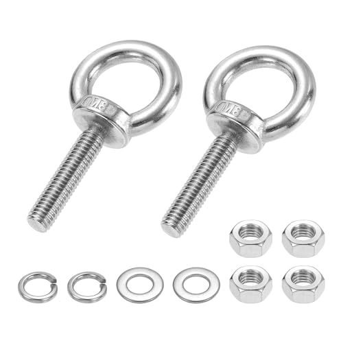PATIKIL M8 x 35mm Eye Bolt, 2Pcs 304 Stainless Steel Thread Lifting Ring Set Shoulder Eyebolt with Lock Nuts Flat Washers for Hanging Hammocks Articles, Silver