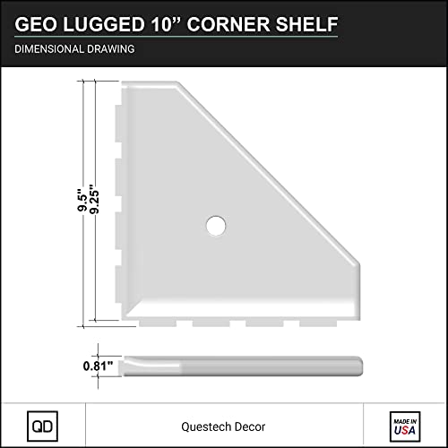Questech Décor 10 Inch Corner Shower Shelf Bathroom Caddy, Lugged For New Construction, Corner Shower Shelf For Tiled Shower Walls, Bathroom Corner Shelf, 10 Inch Geo Lugged, Bright White Polished #TOP2