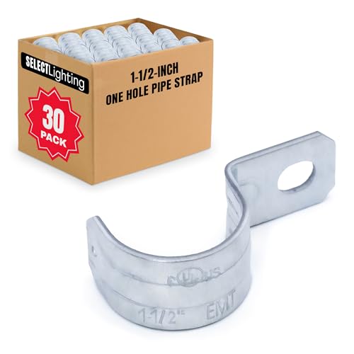 Select 30 Pack Lighting 1 Hole 1-1/2 Inch Rigid Pipe Straps for EMT, Heavy-Duty Zinc-Plated Steel Clips with Reinforced Rib, Conduit Strap for Pipes, Cables, and Tubes, Snap-On Installation