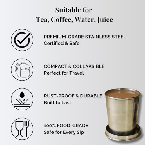 Image of Bare necessities Collapsible Travel Mug | Portable Glass for Drinking Tea, Coffee, Milk, Juice | Expandable Food Grade Stainless Steel Cup with Lid for Outdoor Camping | Reusable Tumbler 150 ml